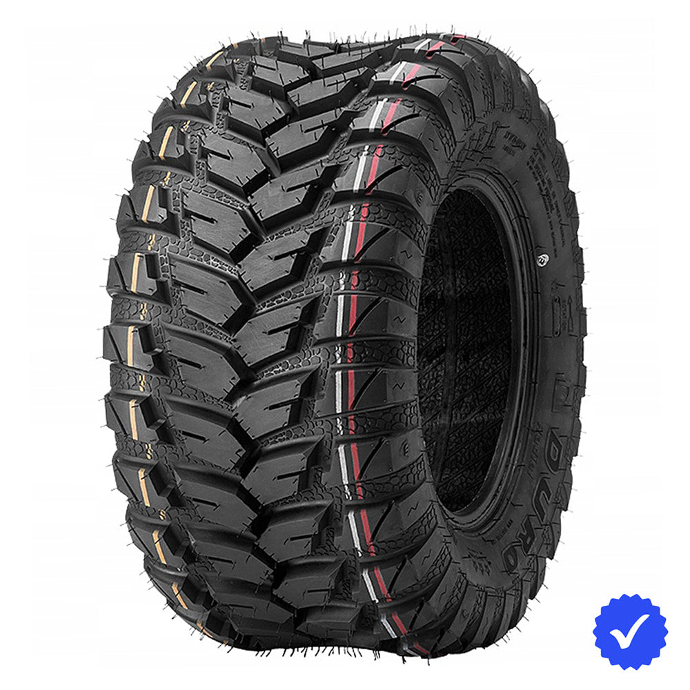 Angled view of the Duro DI-2037 Frontier rear SXS and UTV tire, featuring radial 4-ply, 6-ply, or 8-ply construction and all-terrain capability with directional tread pattern in 26x11r12 (26x11-12) sizing, offered with free shipping.
