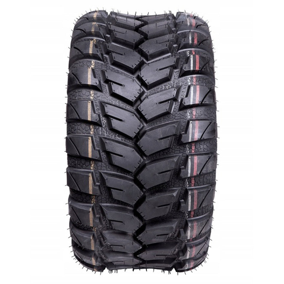 Full tread pattern view of the directional Duro DI-2037 Frontier ATV, UTV, and Side-by-Side Radial tire, featuring textured casing design, deep siped lugs, and optimal loose, hardpack, and pavement tread pattern.