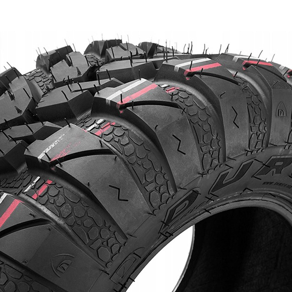 Close up detailed view of the casing, sidewall, and tread lug design of the high performance all-terrain radial tire by Duro, the DI-2037 Frontier front and rear directional tires.