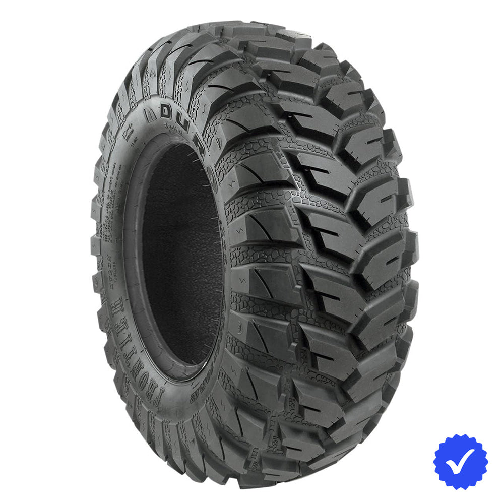 Angled view of the Duro DI-2037 Frontier front SXS and UTV tire, featuring radial 4-ply or 6-ply construction and all-terrain capability with directional tread pattern in 12" and 14" wheel sizing, offered with free shipping.