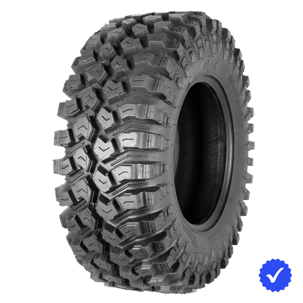 Angled photo of the DragonFire 4Peak all-terrain 8-ply Radial UTV and SXS tire, available in popular 14" and 15" rim sizes, featuring high quality tough nylon radial construction and aggressive all-terrain tread pattern, available with fast and free shipping.
