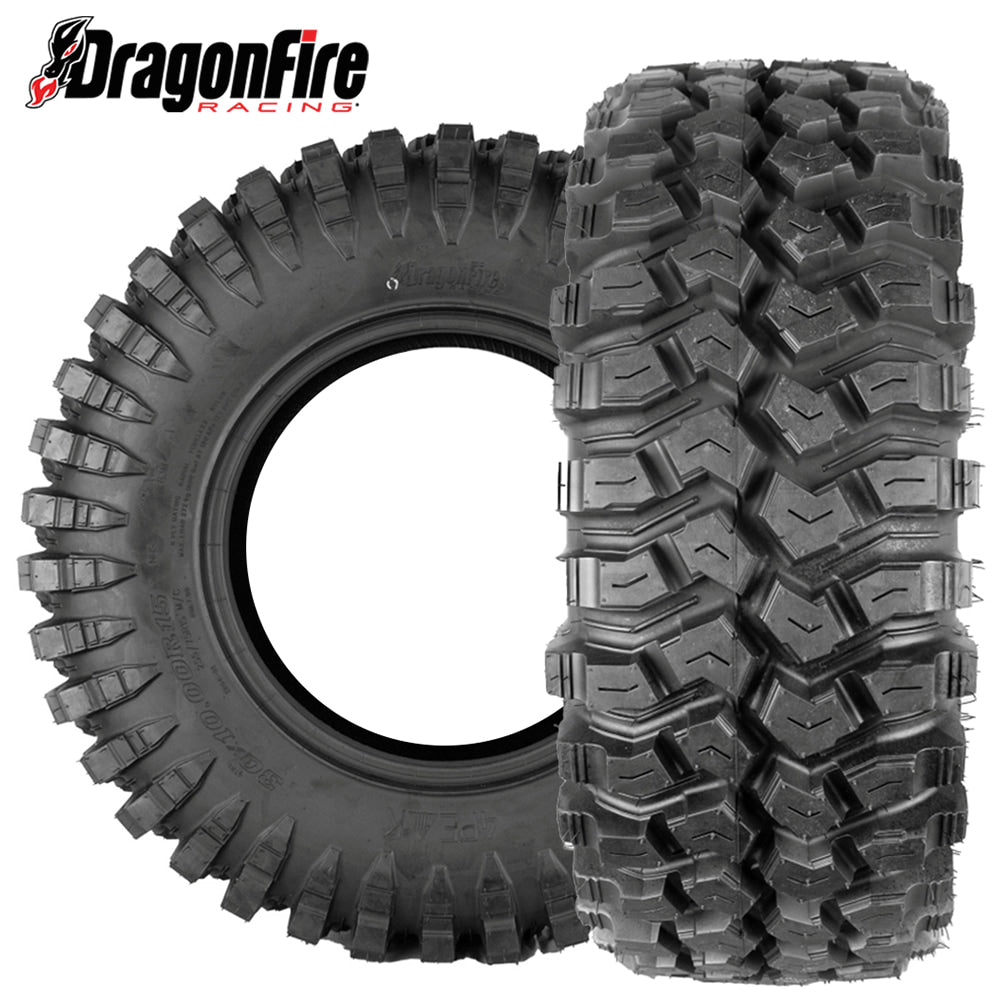 Main product listing photo for the 8-Ply Radial DragonFire 4Peak UTV and SXS line of high quality, rugged, all-terrain tires available in 30x10-14, 30x10-15, 32x10-15, and 33x10-15 sizes, for sale by Ride or Die Tire.