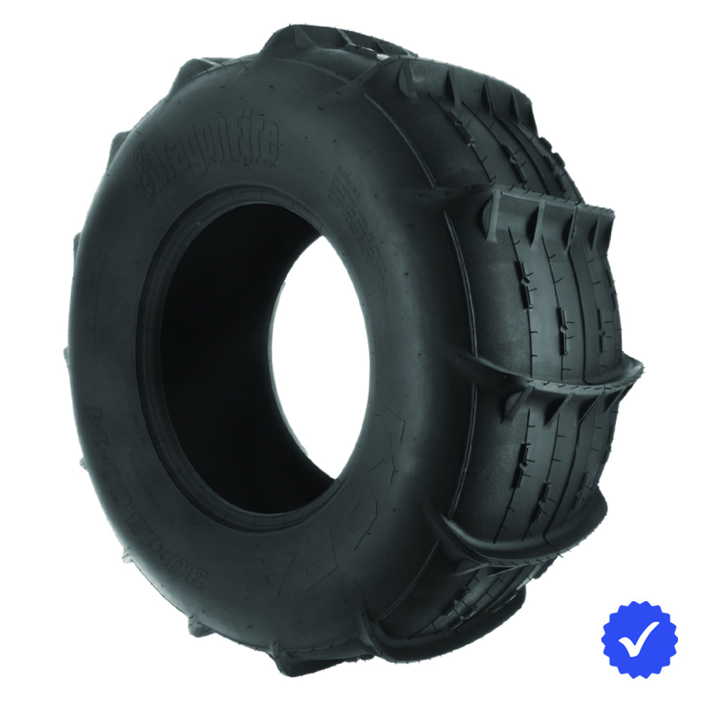Angled view of the DragonFire Kopa rear paddle sand tire, available in 32x13-15 and 30x13-14 sizes, featuring high traction 14-scoop design with 23mm paddles and lightweight 2-ply bias construction, all offered with fast and free shipping.