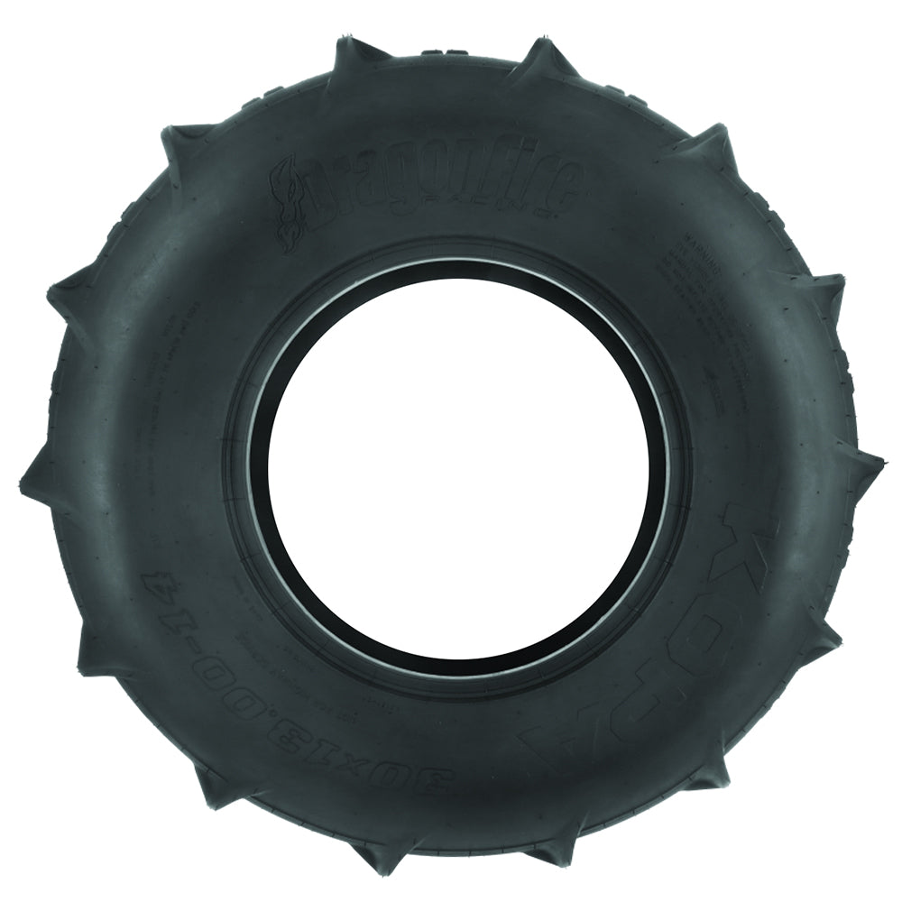 Full sidewall view of the DragonFire Kopa rear paddle sand tire, available in 32x13-15 and 30x13-14 sizes, featuring high traction 14-scoop design with 23mm reinforced paddles and lightweight 2-ply bias construction, all offered with fast and free shipping.