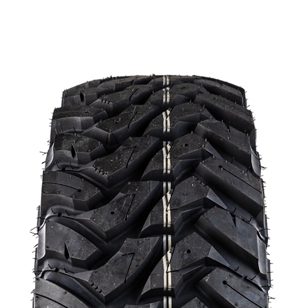 Close up detailed view of the tread on the DragonFire Yuha RT all-terrain SBR tire designed for high performance UTV and SXS, featuring tapered tread blocks, strategic siping and block notching, along with serrated tread edges, all designed for premium traction in all conditions.