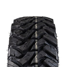 Close up detailed view of the tread on the DragonFire Yuha RT all-terrain SBR tire designed for high performance UTV and SXS, featuring tapered tread blocks, strategic siping and block notching, along with serrated tread edges, all designed for premium traction in all conditions.