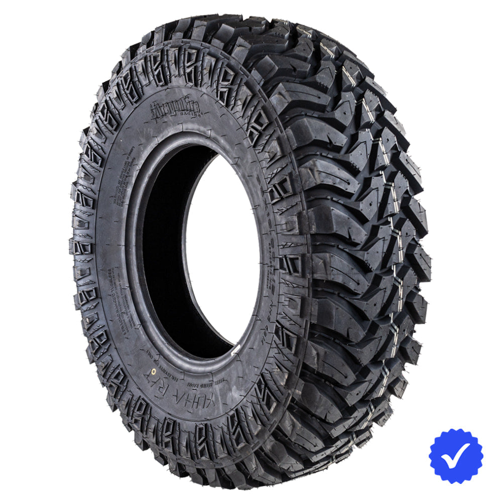 Angled view of the segmented mold, premium road and pavement all-terrain UTV and SXS tire, the DragonFire Racing® YUHA R/T 8-ply Steel Belted Radial (SBR) tire, offered with fast and free shipping.