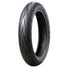 Angled view of the aggressive, new tread pattern optimized for sport riding, the Dunlop Sportmax Q5A motorcycle front tire, designed to achieve more consistent performance as the tire wears and provide exceptional balance between dry and wet grip by utilizing a more prominent silica content, offered with fast and free shipping.