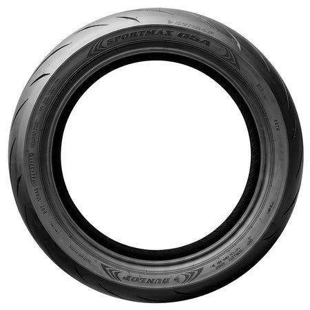 Full sidewall view of the Sportmax Q5A moto tire from Dunlop, tubeless design and DOT rated for highway use, featuring Aramid JLB construction front and Ultra Flexible Steel (UFS) JLB construction rear to reduce tire weight and maximize compliance and comfort, provides exceptional feel and stability, reduces dynamic growth at high speeds, and improves linearity.
