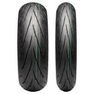 View of the tread pattern profile of both a front and rear Dunlop Sportmax Q5A high performance street, sport, and touring motorcycle tire, featuring Multi-Tread technology directional siping and lateral-grip compounds.