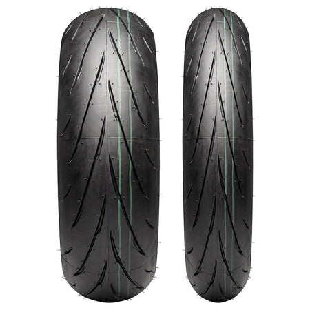 View of the tread pattern profile of both a front and rear Dunlop Sportmax Q5A high performance street, sport, and touring motorcycle tire, featuring Multi-Tread technology directional siping and lateral-grip compounds.