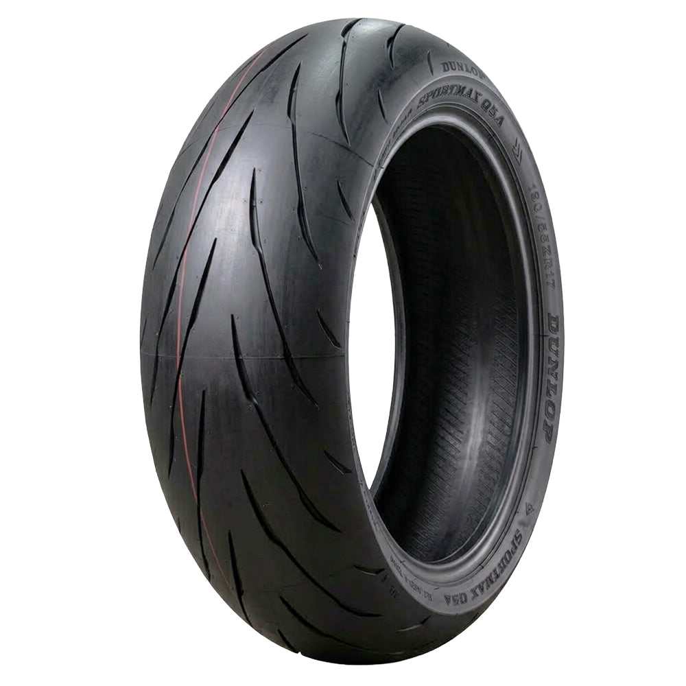 Angled view of the aggressive, new tread pattern optimized for sport riding, the Dunlop Sportmax Q5A motorcycle rear tire, designed to achieve more consistent performance as the tire wears and provide exceptional balance between dry and wet grip by utilizing a more prominent silica content, offered with fast and free shipping.