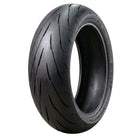 Angled view of the aggressive, new tread pattern optimized for sport riding, the Dunlop Sportmax Q5A motorcycle rear tire, designed to achieve more consistent performance as the tire wears and provide exceptional balance between dry and wet grip by utilizing a more prominent silica content, offered with fast and free shipping.