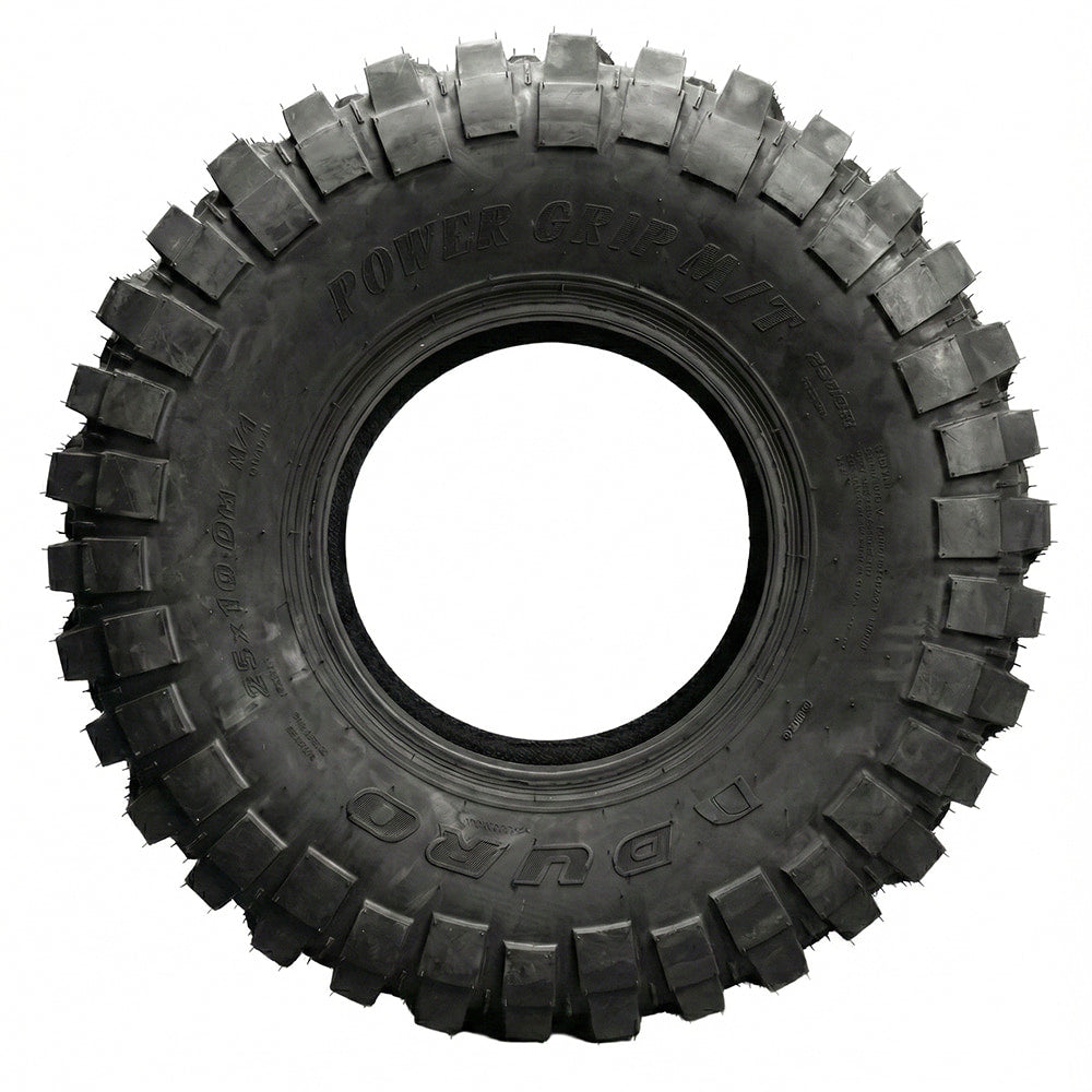 Full sidewall view of the heavy duty Duro Power Grip M/T RTV tire designed for rugged utility carts, UTV, and RTV applications, made with durable 8-ply construction and high traction tread pattern.