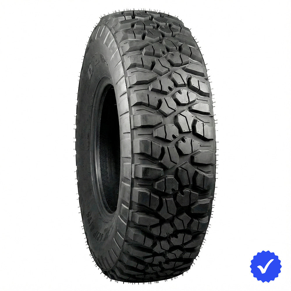 Angled view of the durable and heavy duty Duro DI-2042 Power Grip M/T 8-ply Radial tire, designed with strong load rating for UTV, SXS, and Utility applications, offered in 26x10R12, 30x10R14, 29x10R15, and 30x10R15 sizes, all with free shipping.