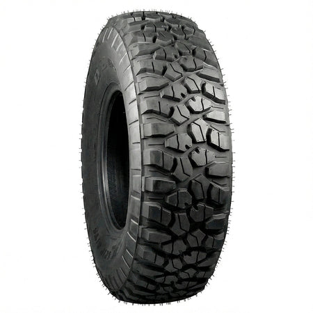 Angled view of the durable and heavy duty Duro DI-2042 Power Grip M/T 8-ply Radial tire, designed with strong load rating for UTV, SXS, and Utility applications, offered in 26x10R12, 30x10R14, 29x10R15, and 30x10R15 sizes, all with free shipping.