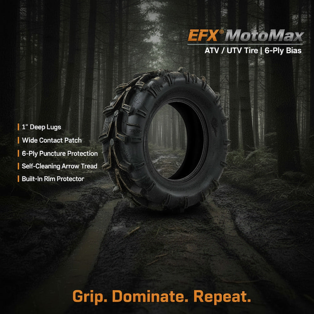 A large black off-road tire wrapped in EFX MotoMax 6-ply bias tread chains, set against a dark, misty forest background. The image features text overlays highlighting the tire's features ('1" Deep Lugs', 'Wide Contact Patch', '6-Ply Puncture Protection', 'Self-Cleaning Arrow Tread', 'Built-In Rim Protector') and the brand name 'EFX MotoMax' in the top right corner.