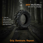 A large black off-road tire wrapped in EFX MotoMax 6-ply bias tread chains, set against a dark, misty forest background. The image features text overlays highlighting the tire's features ('1" Deep Lugs', 'Wide Contact Patch', '6-Ply Puncture Protection', 'Self-Cleaning Arrow Tread', 'Built-In Rim Protector') and the brand name 'EFX MotoMax' in the top right corner.