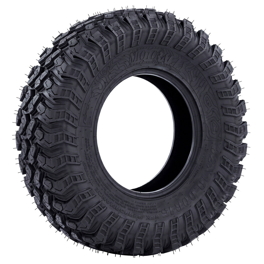 Angled view of the high performance desert and all terrain EFX Motorally 8-ply radial UTV and SXS tire, featuring the rugged construction and tread pattern and attractive sidewall styling, offered with fast and free shipping.
