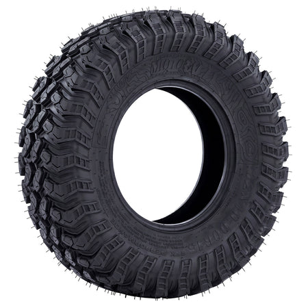 Angled view of the high performance desert and all terrain EFX Motorally 8-ply radial UTV and SXS tire, featuring the rugged construction and tread pattern and attractive sidewall styling, offered with fast and free shipping.