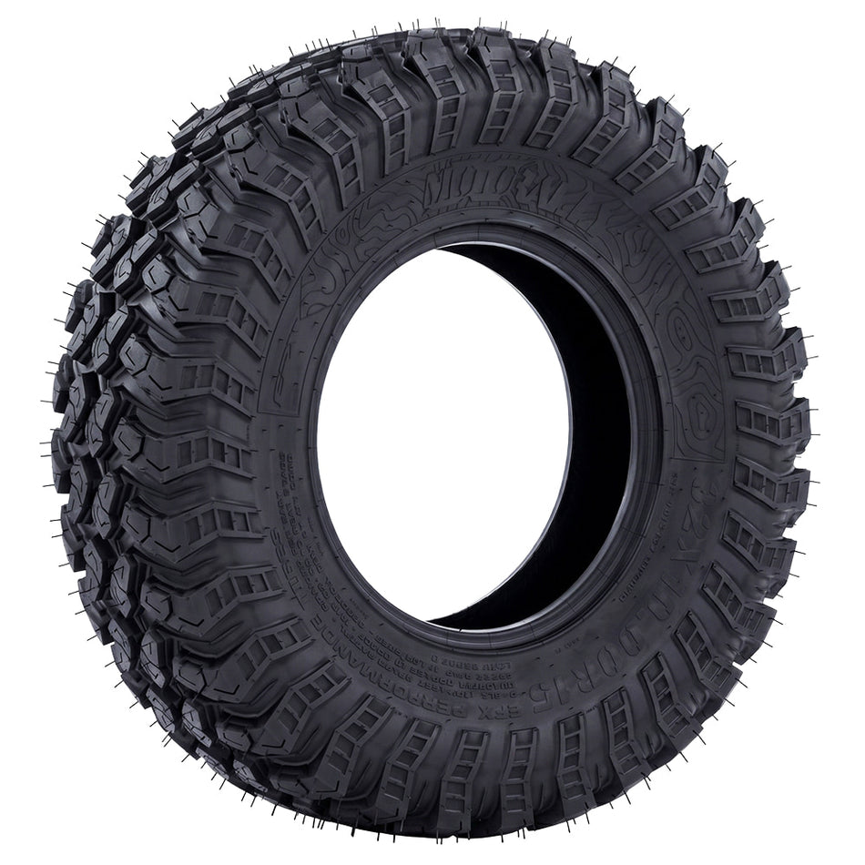 Angled view of the high performance desert and all terrain EFX Motorally 8-ply radial UTV and SXS tire, featuring the rugged construction and tread pattern and attractive sidewall styling, offered with fast and free shipping.