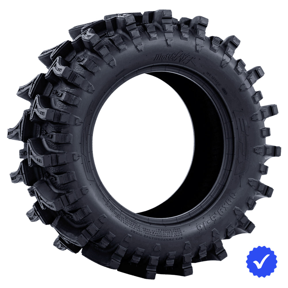Angled view of the 30x9.5-16 EFX MotoSlayer ag/mud tire designed for UTV and SXS bog and mud applications, featuring tough 6-ply bias construction, unique deep rim guard for protection, and deep 2" lugs checkmark design, available in rim sizes from 14" to 24" and overall heights up to 50", all offered with fast and free shipping.