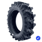 Angled view of the 33x9.5-20 EFX MotoSlayer ag/mud tire designed for UTV and SXS bog and mud applications, featuring tough 6-ply bias construction, unique deep rim guard for protection, and deep 2" lugs checkmark design, available in rim sizes from 14" to 24" and overall heights up to 50", all offered with fast and free shipping.