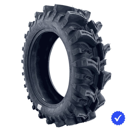 Angled view of the 33x9.5-20 EFX MotoSlayer ag/mud tire designed for UTV and SXS bog and mud applications, featuring tough 6-ply bias construction, unique deep rim guard for protection, and deep 2" lugs checkmark design, available in rim sizes from 14" to 24" and overall heights up to 50", all offered with fast and free shipping.