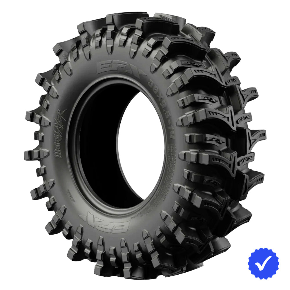 Angled view of the 6-Ply bias EFX MotoSlayer mud pit and bogger UTV tire, designed with deep 2" mud lugs and deep rim guard protection, available in wide range of tall sizes for wheels up to 24" in diameter and 50" in overall height, all offered with fast and free shipping, great for SXS with portal lifts.