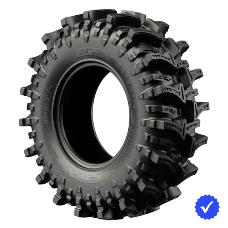 Angled view of the 6-Ply bias EFX MotoSlayer mud pit and bogger UTV tire, designed with deep 2" mud lugs and deep rim guard protection, available in wide range of tall sizes for wheels up to 24" in diameter and 50" in overall height, all offered with fast and free shipping, great for SXS with portal lifts.