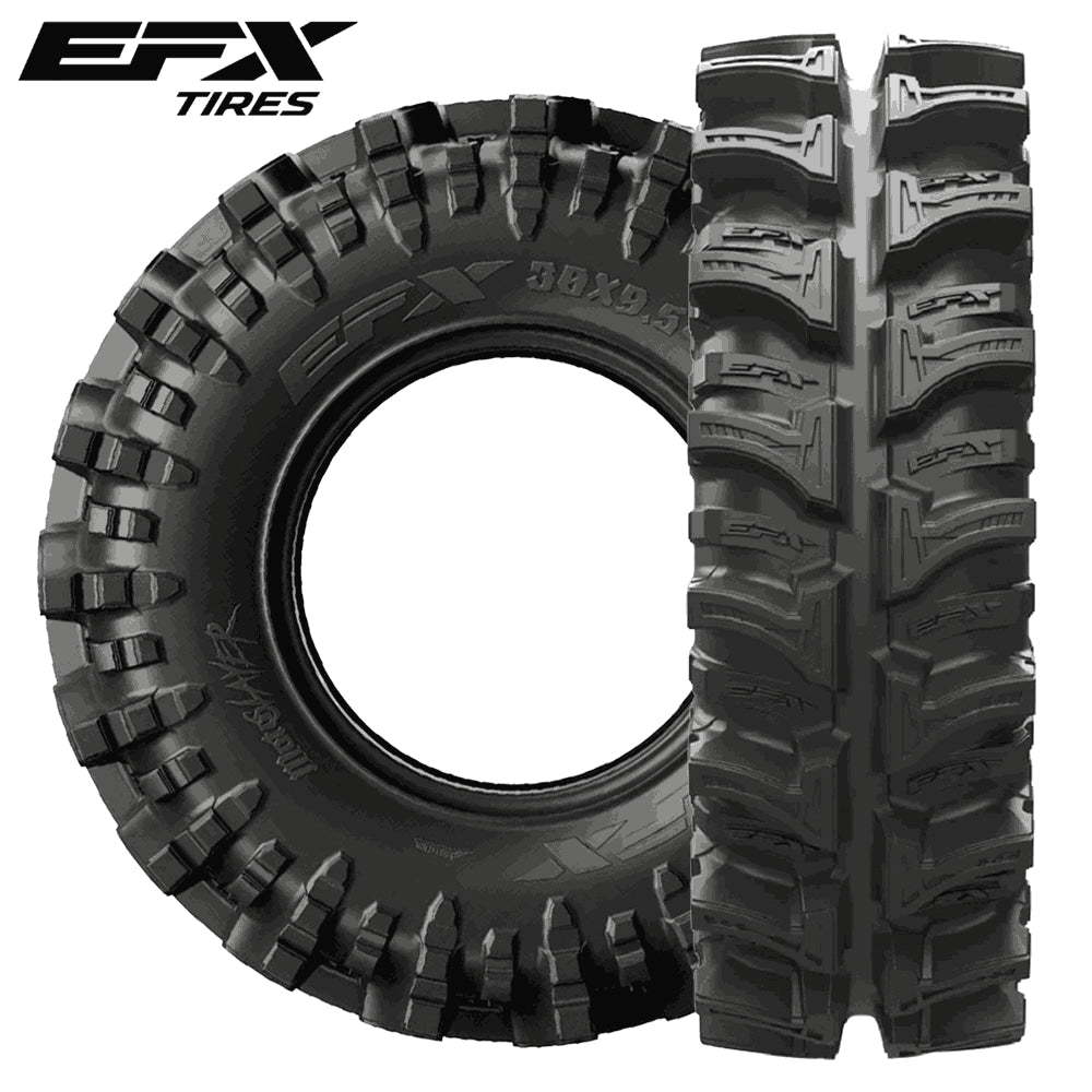 Main product photo view of the EFX MotoSlayer mud pit and bogger UTV tire, a 6-ply bias, 2" deep lug ag style tire, designed for deep mud, sold by Ride or Die Tire, available in a wide variety of overall heights and rim sizes.