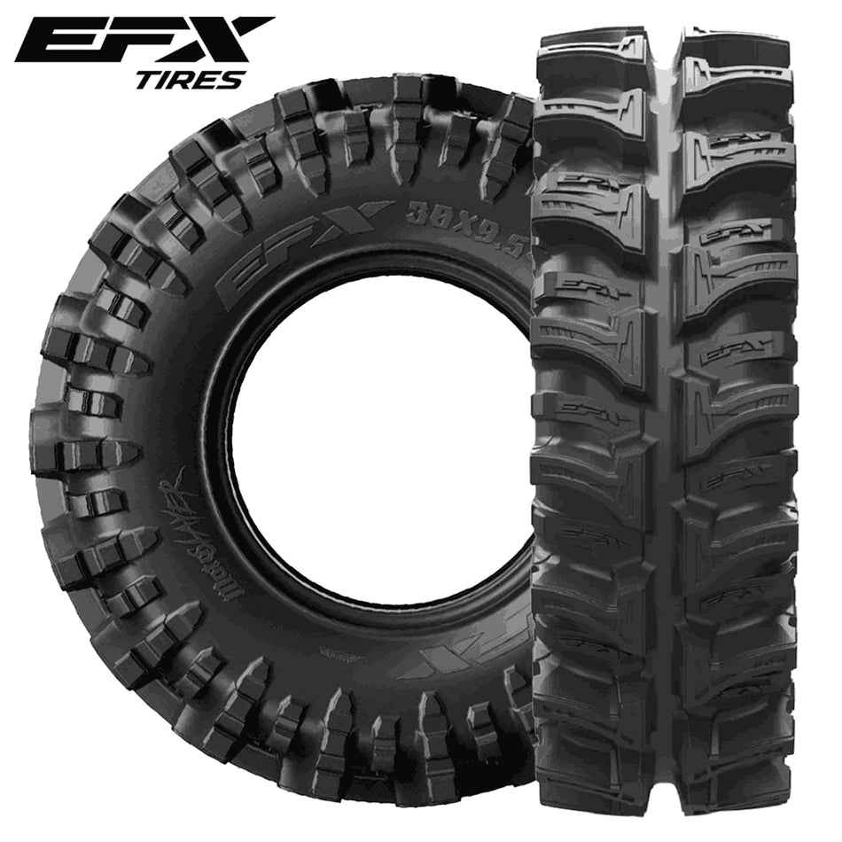 Main product photo view of the EFX MotoSlayer mud pit and bogger UTV tire, a 6-ply bias, 2" deep lug ag style tire, designed for deep mud, sold by Ride or Die Tire, available in a wide variety of overall heights and rim sizes.