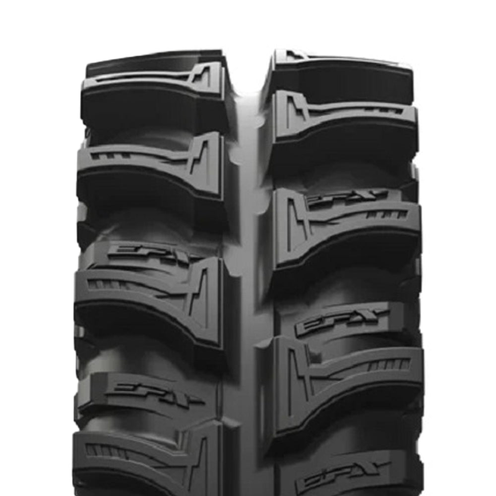 Detailed view of the overlapping center tread block design and widely spaced lugs of the EFX MotoSlayer 6-ply Bias mud tire, great for deep mud and swamps, offering premium cleanout capability and elite traction.