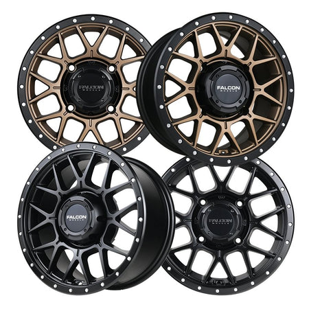 New product line of the Falcon X1 UTV/SXS wheels available in 14" and 15" sizes as well as Matte Bronze and Matte Black finishes.