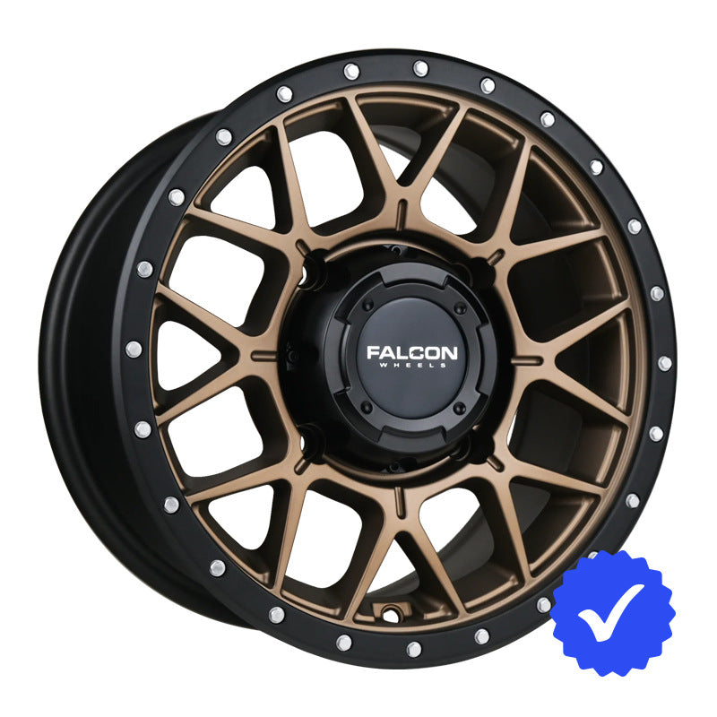 Angled view of the new Falcon X1 Gunner UTV wheel in matte bronze finish with black accents.