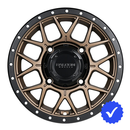 Front view of the new Falcon X1 Gunner UTV wheel in matte bronze finish with black accents.