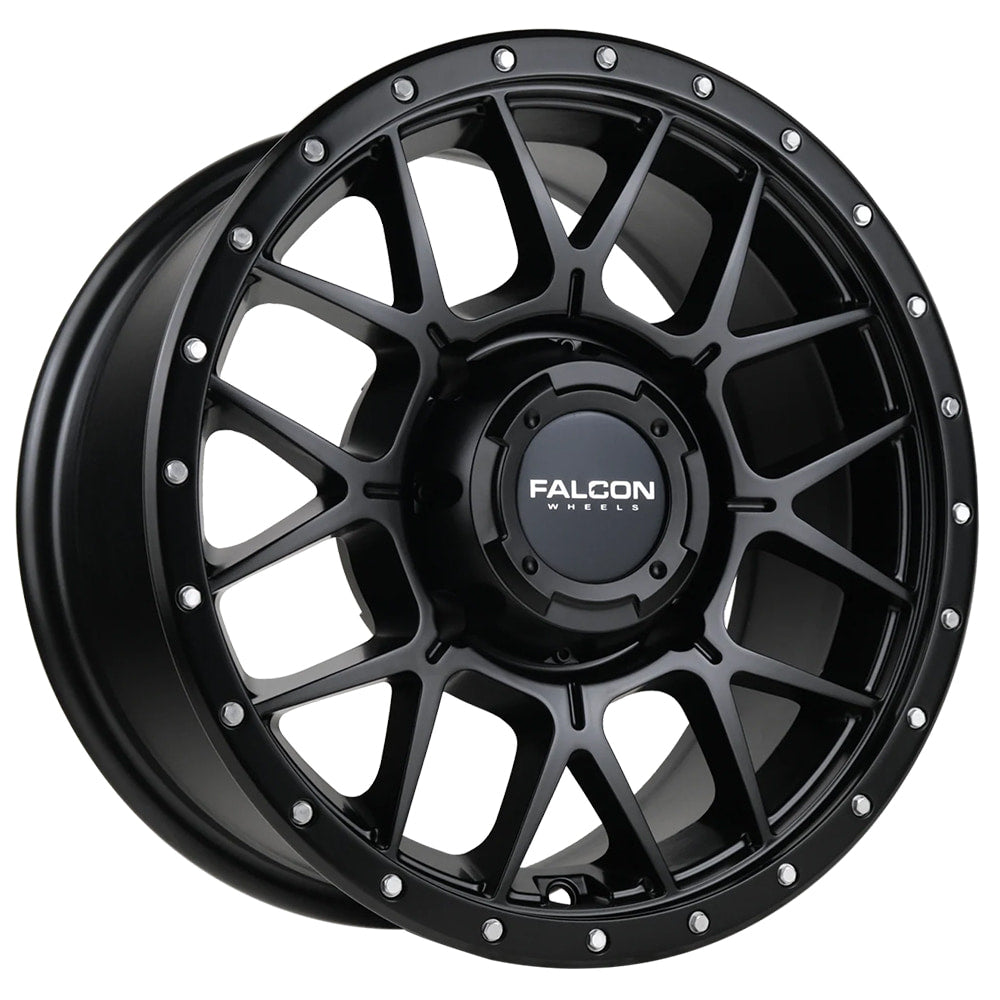 Angled view of the Falcon X1 Gunner UTV wheel in matte black finish, available in 4/137 and 4/156 bolt pattern for 14" and 15" wheels, with +10 or +30 backspacing, all sizes offered with fast and free shipping.