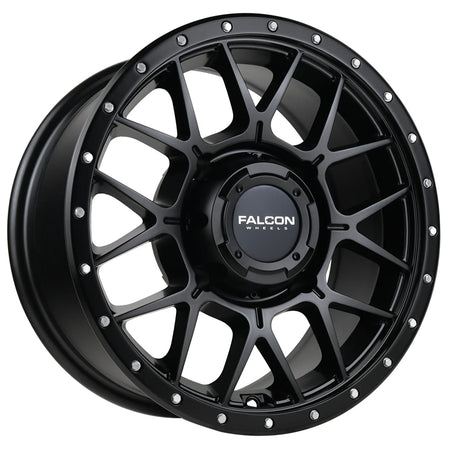 Angled view of the Falcon X1 Gunner UTV wheel in matte black finish, available in 4/137 and 4/156 bolt pattern for 14" and 15" wheels, with +10 or +30 backspacing, all sizes offered with fast and free shipping.