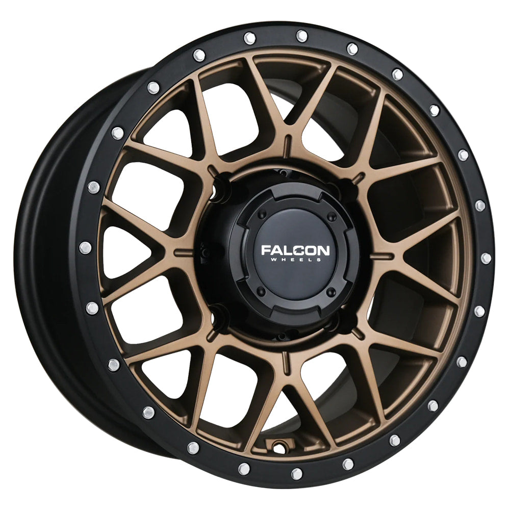 Angled view of the Falcon X1 Gunner UTV wheel in matte bronze finish with black accents, available in 4/137 and 4/156 bolt pattern for 14" and 15" wheels, with +10 or +30 backspacing, all sizes offered with fast and free shipping.