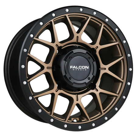 Angled view of the Falcon X1 Gunner UTV wheel in matte bronze finish with black accents, available in 4/137 and 4/156 bolt pattern for 14" and 15" wheels, with +10 or +30 backspacing, all sizes offered with fast and free shipping.