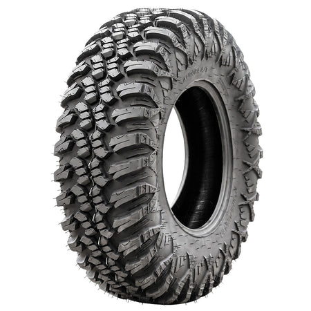 Angled view of the new Forerunner Aurora A/T 8-ply or 10-ply nylon radial All-Terrain side-by-side and UTV tire designed for general trail and rock riding, featuring tough construction and  available in sizes for 12", 14", and 15" rims, all offered with free shipping.