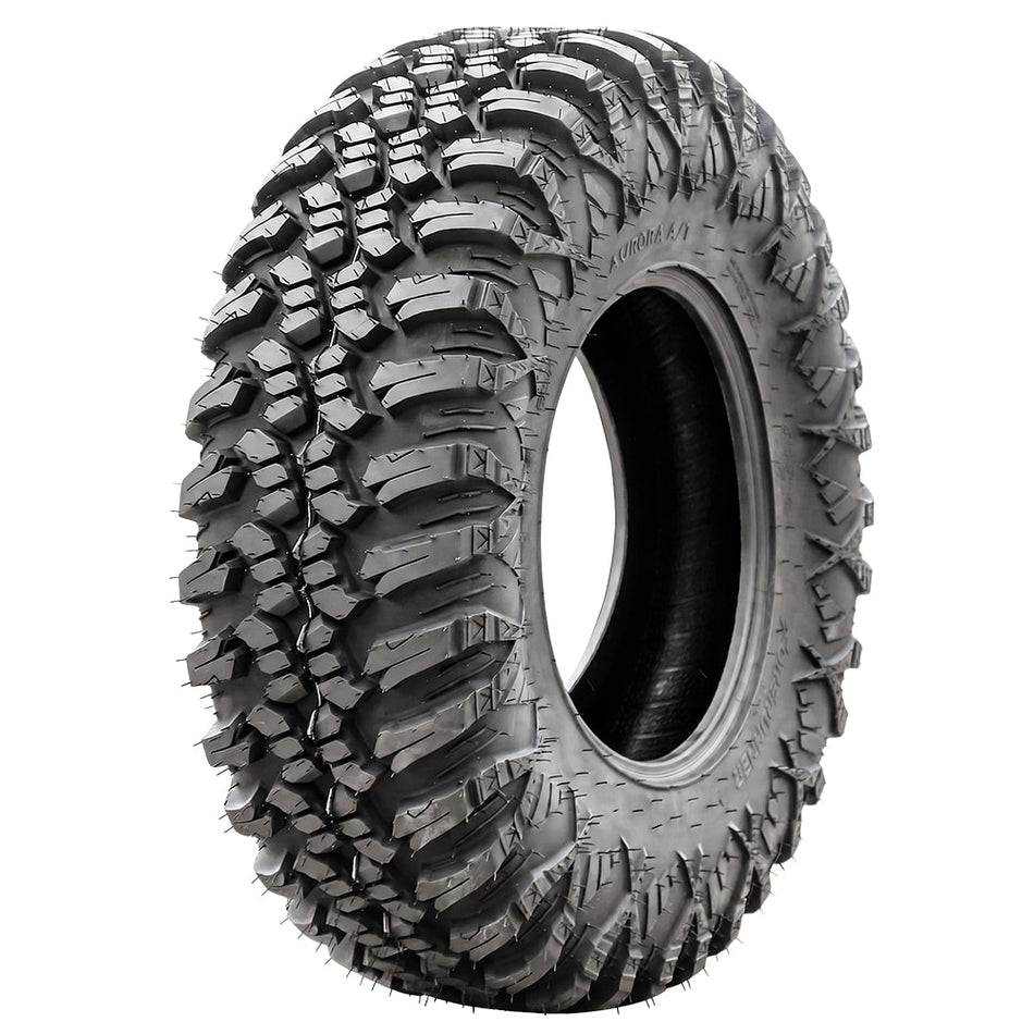 Angled view of the new Forerunner Aurora A/T 8-ply or 10-ply nylon radial All-Terrain side-by-side and UTV tire designed for general trail and rock riding, featuring tough construction and  available in sizes for 12", 14", and 15" rims, all offered with free shipping.
