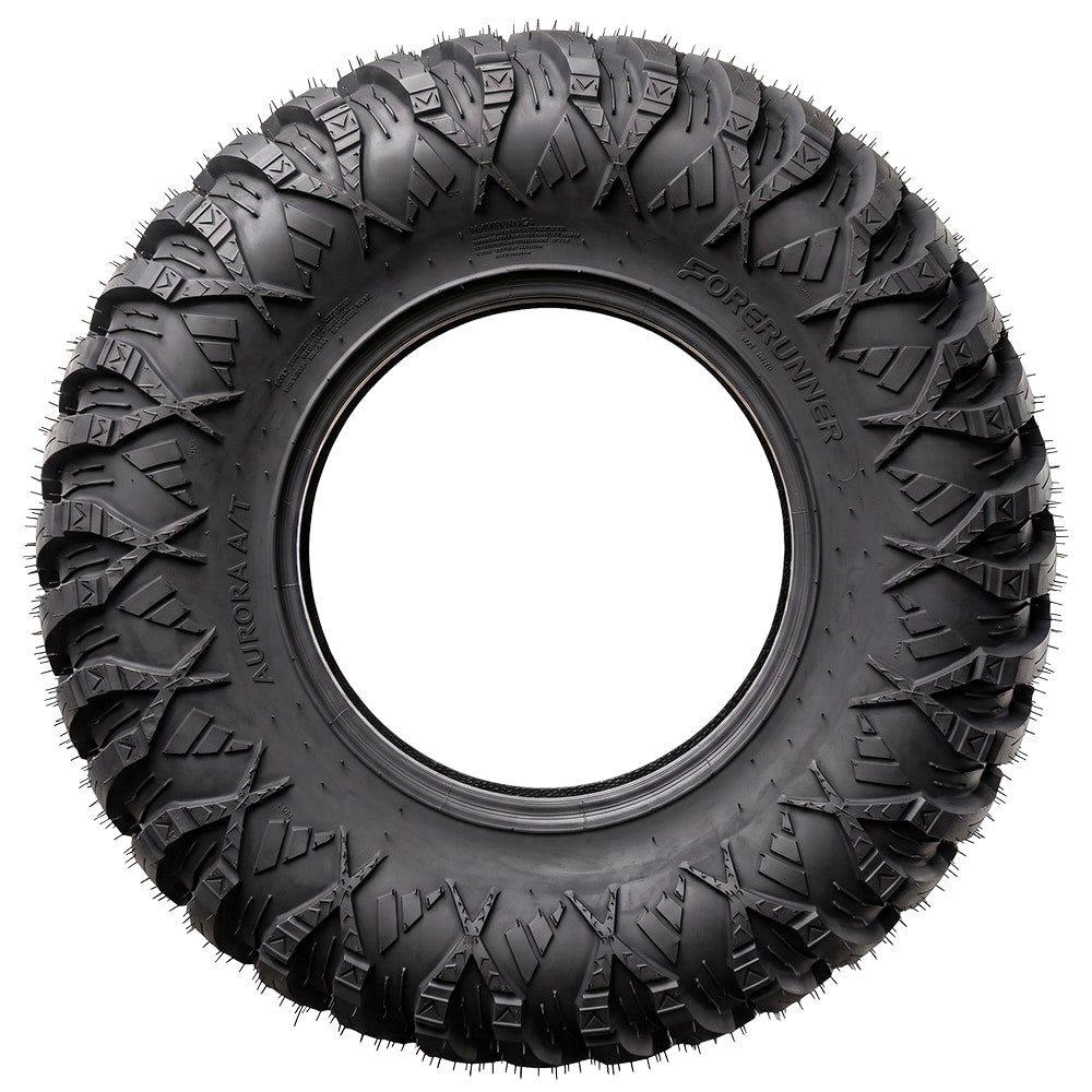 Full sidewall view of the Forerunner Aurora A/T 8-ply or 10-ply nylon radial All-Terrain SXS and UTV tire, designed for general trail and rock riding, built with toughness and durability, featuring sidewall protection from the wrap-around shoulder lug pattern, and  available in sizes for 12", 14", and 15" rims, all offered with free shipping.