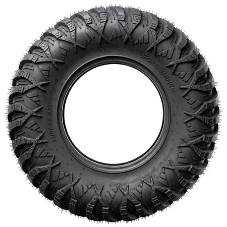 Full sidewall view of the Forerunner Aurora A/T 8-ply or 10-ply nylon radial All-Terrain SXS and UTV tire, designed for general trail and rock riding, built with toughness and durability, featuring sidewall protection from the wrap-around shoulder lug pattern, and  available in sizes for 12", 14", and 15" rims, all offered with free shipping.