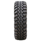 Straight head-on full tread view of the new Forerunner Aurora A/T 8-ply or 10-ply nylon radial All-Terrain side-by-side and UTV tire designed for general trail and rock riding, featuring tough construction and  available in sizes for 12", 14", and 15" rims, all offered with free shipping.