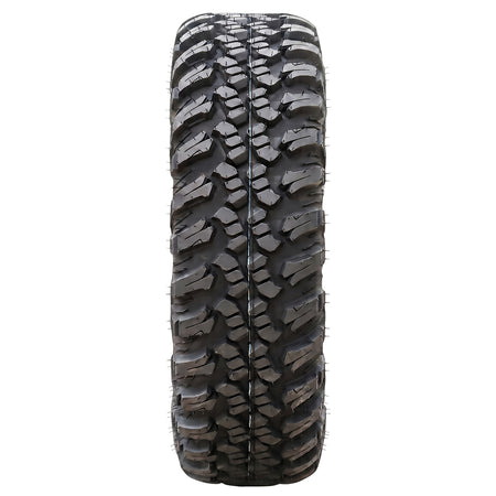 Straight head-on full tread view of the new Forerunner Aurora A/T 8-ply or 10-ply nylon radial All-Terrain side-by-side and UTV tire designed for general trail and rock riding, featuring tough construction and  available in sizes for 12", 14", and 15" rims, all offered with free shipping.