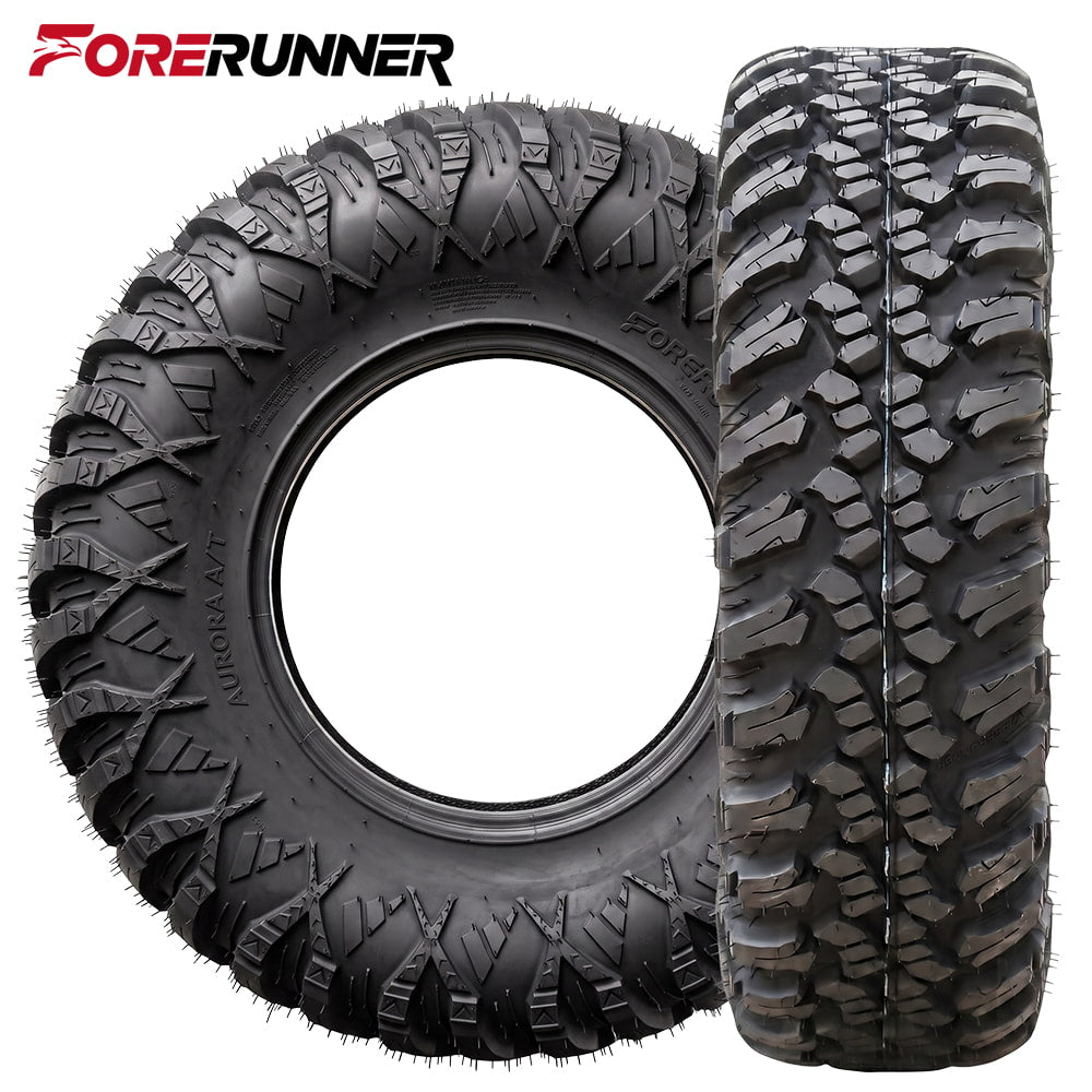 Main product image of the Forerunner Aurora A/T 8-ply or 10-ply nylon radial UTV and SXS tire, featuring a high traction tread pattern design and robust sidewall wrap-around lug features for ruggedness and durability, sold by authorized dealer Ride or Die Tire.