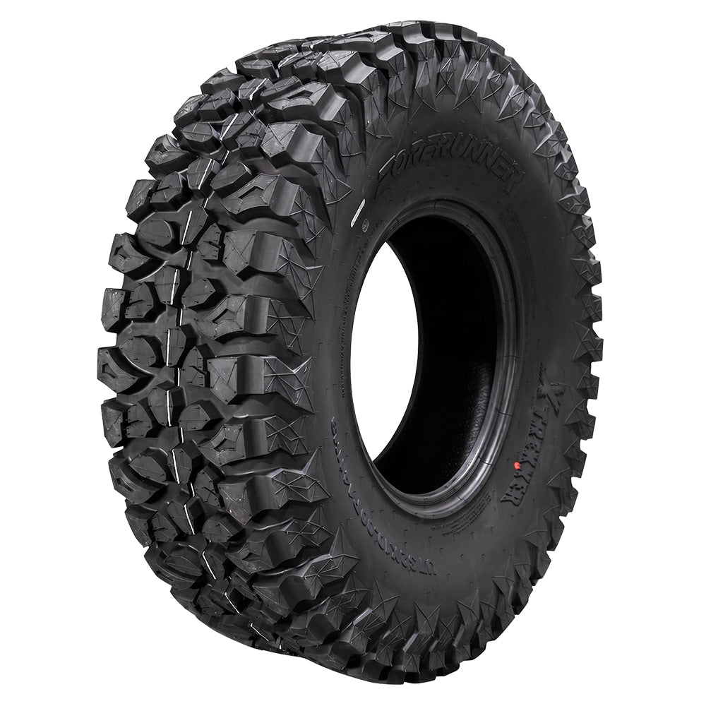 Angled view of the brand new Forerunner X-Trekker UT 10-Ply radial all-terrain UTV and SXS tire in 14" and 15" sizes, featuring  a long lasting hybrid tread pattern and rugged 10-ply construction, suited well for trail and hard surface riding, all sizes offered with fast and free shipping.