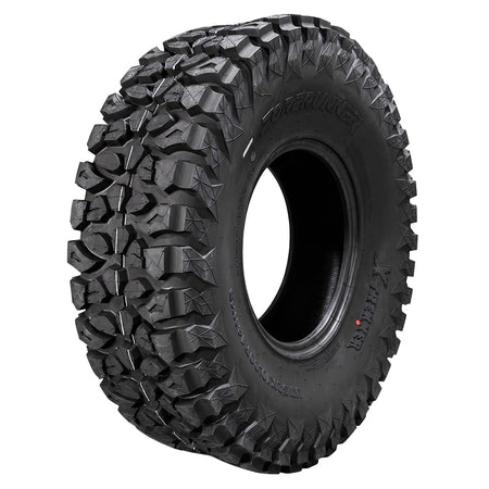 Angled view of the brand new Forerunner X-Trekker UT 10-Ply radial all-terrain UTV and SXS tire in 14" and 15" sizes, featuring  a long lasting hybrid tread pattern and rugged 10-ply construction, suited well for trail and hard surface riding, all sizes offered with fast and free shipping.