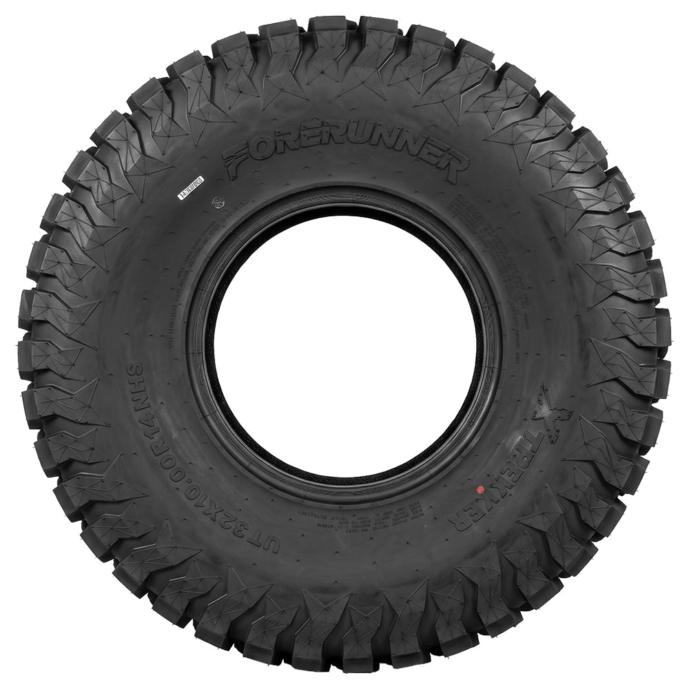 Full sidewall view of the 32x10.00R14 Forerunner XTrekker UTV and Side-by-Side tire, showcasing an attractive logo and sidewall design and integrated rim bead protector.
